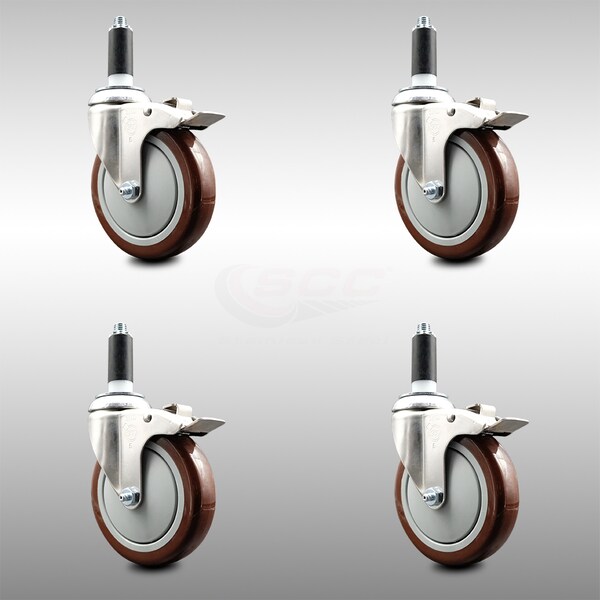 Service Caster 5 Inch 316SS Maroon Poly Swivel 1 Inch Expanding Stem Caster Set Lock Brake SCC-SS316TTLEX20S514-PPUB-MRN-1-4 - main